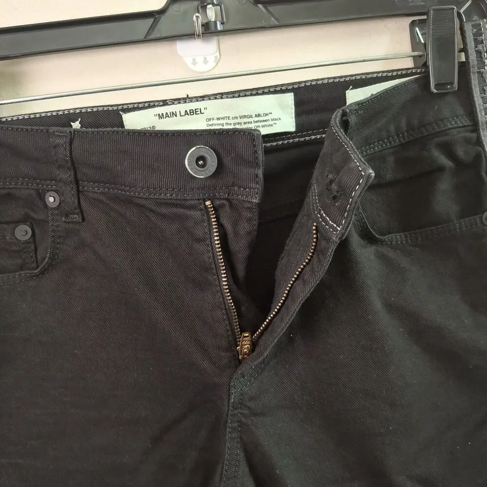 Off White Virgil Abloh Black Denim Slim Fit Jeans 28 Logo Tape Side Stripe ITALY